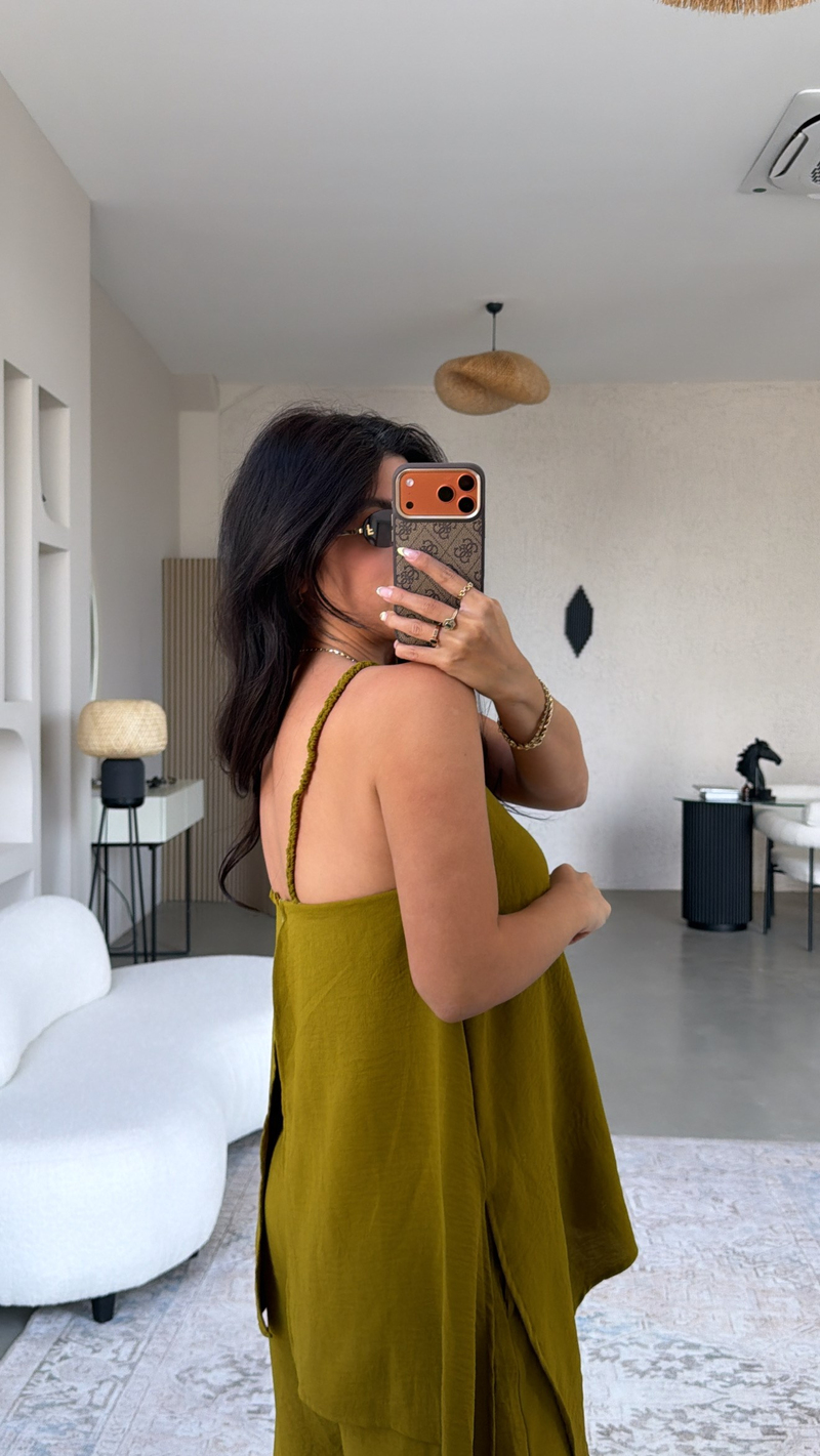Olive Bluz Pantolon Görünümlü Tiril Tulum