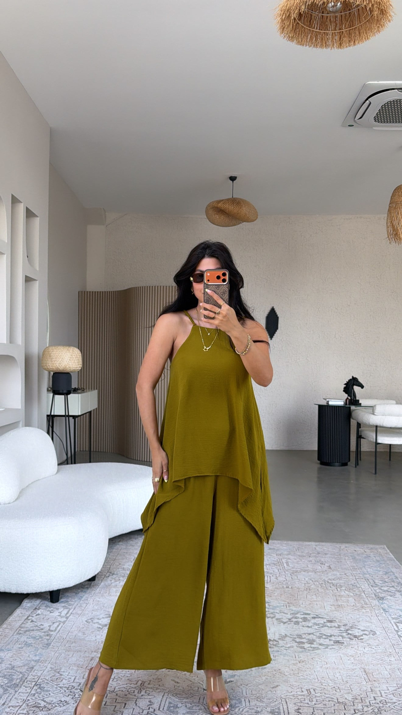 Olive Bluz Pantolon Görünümlü Tiril Tulum