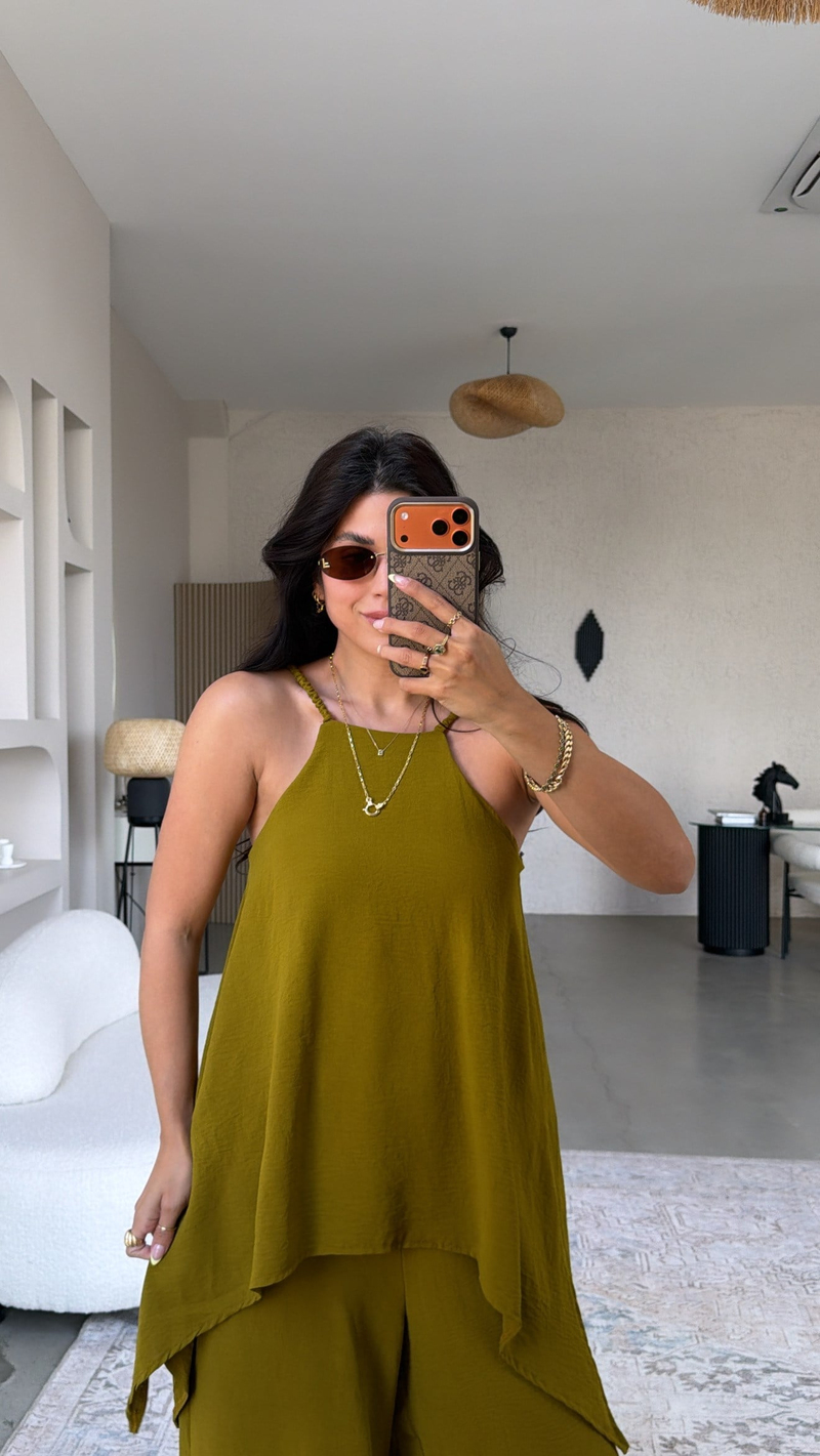 Olive Bluz Pantolon Görünümlü Tiril Tulum