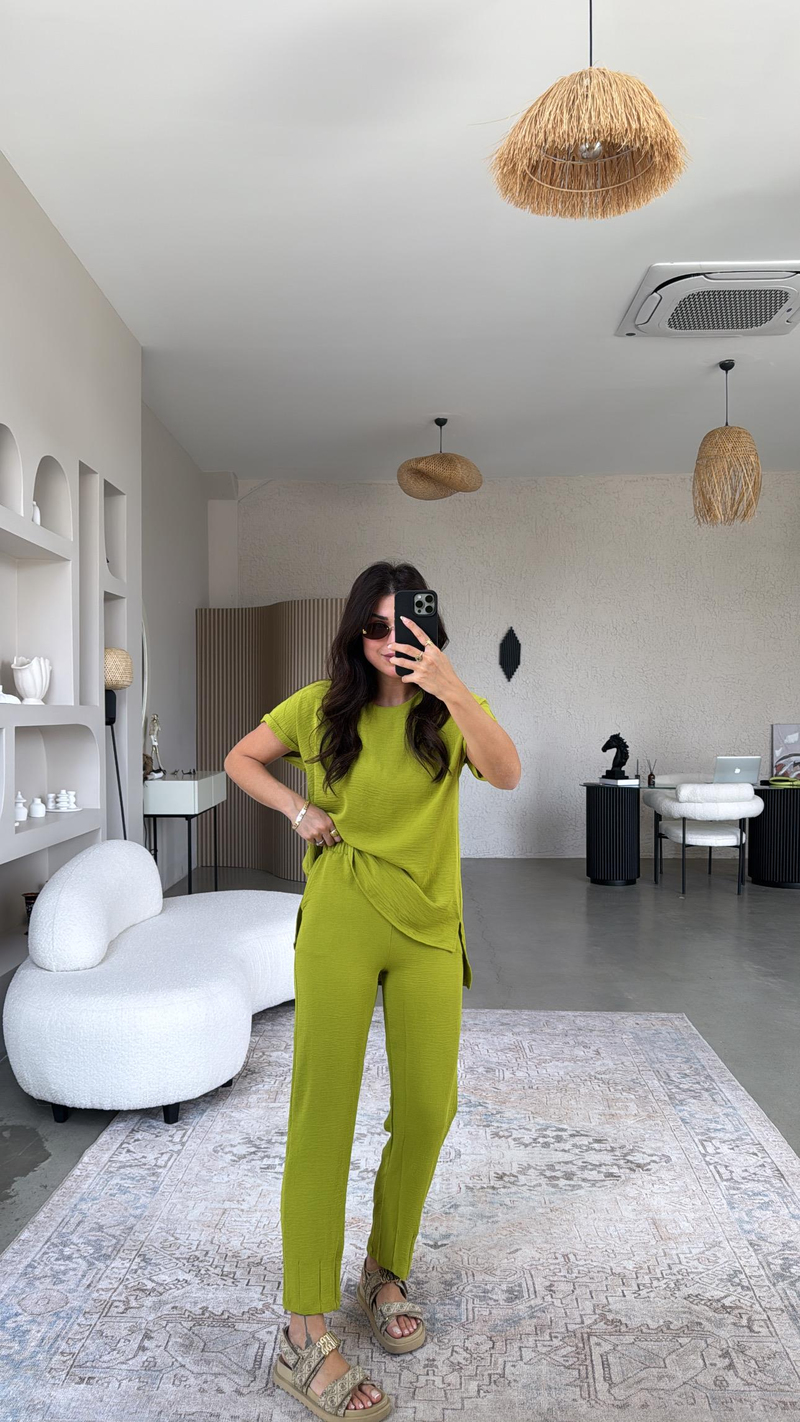 Olive Paça Pensli Pantolon Bluz Takım