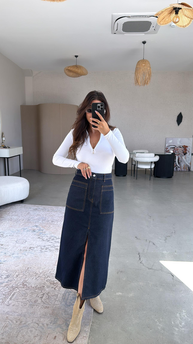 Ön Yırtmaçlı Uzun Denim Etek