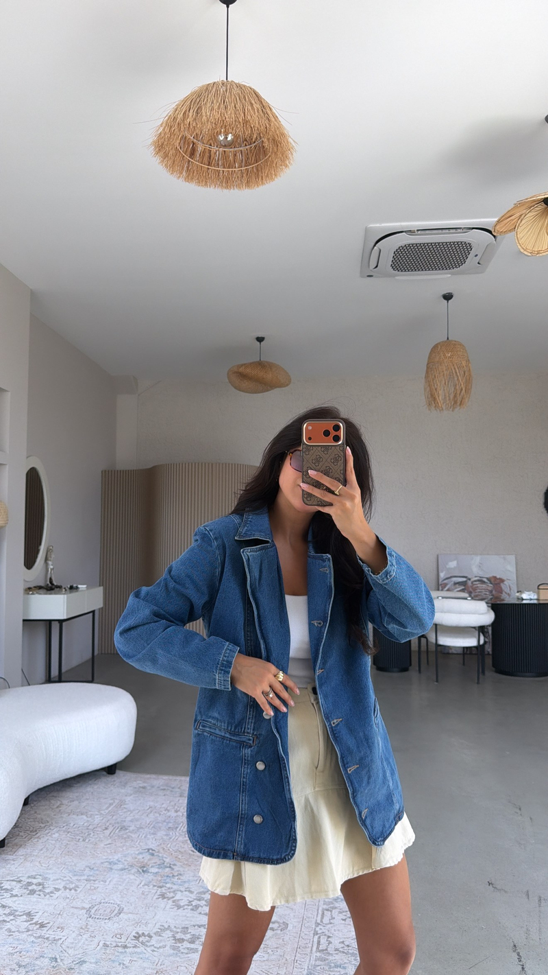 Oversize Vatkalı Jean Ceket