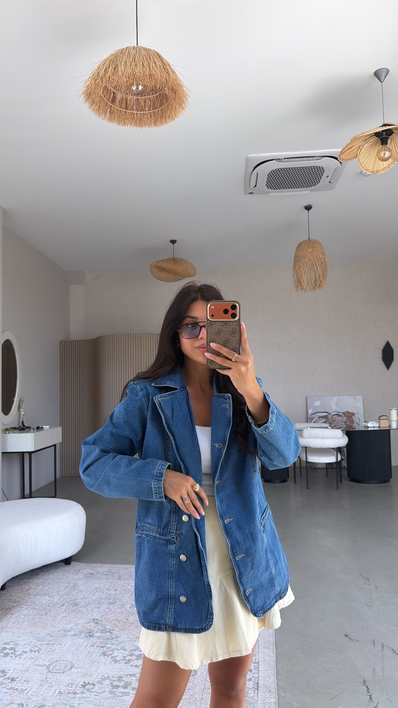 Oversize Vatkalı Jean Ceket