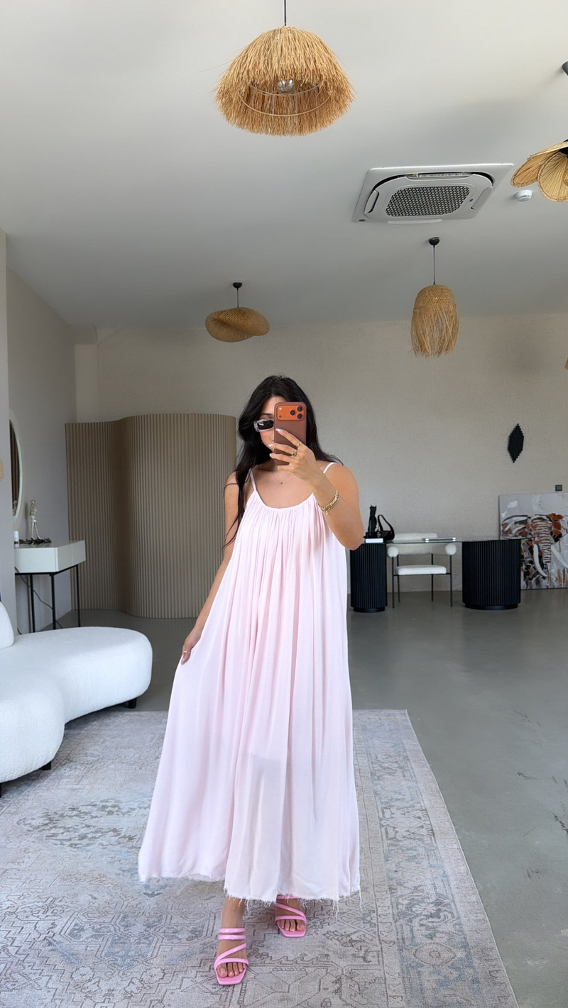Pembe Askılı Romantik Pamuk Uzun Elbise