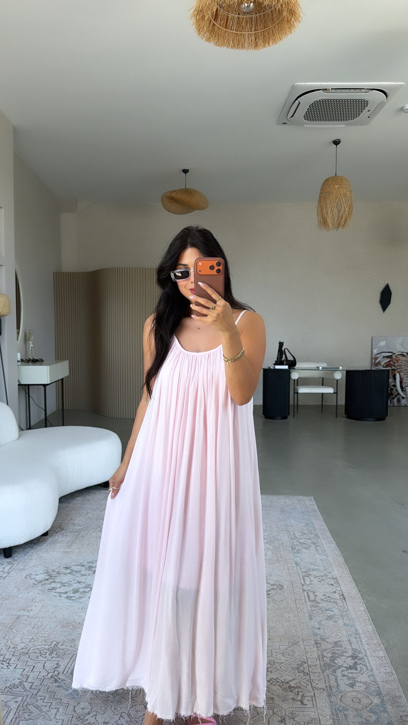Pembe Askılı Romantik Pamuk Uzun Elbise