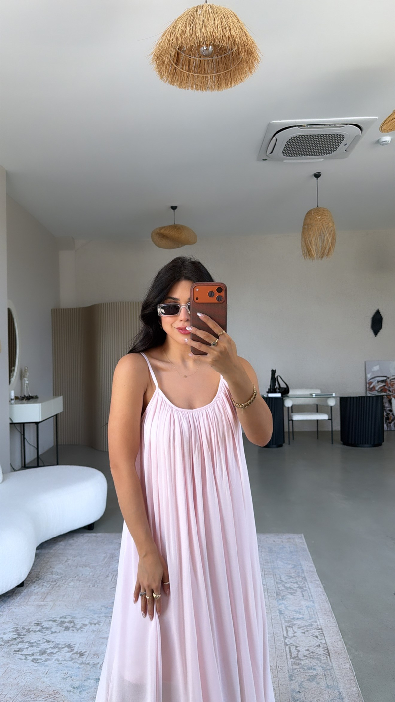 Pembe Askılı Romantik Pamuk Uzun Elbise