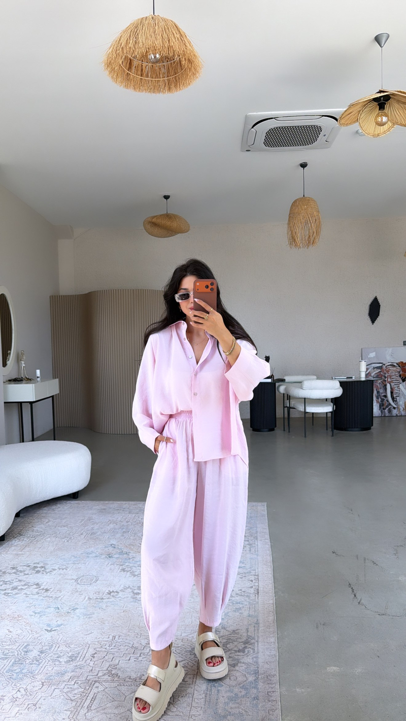 Pembe Baggy Pantolon Gömlek Tensel Takım