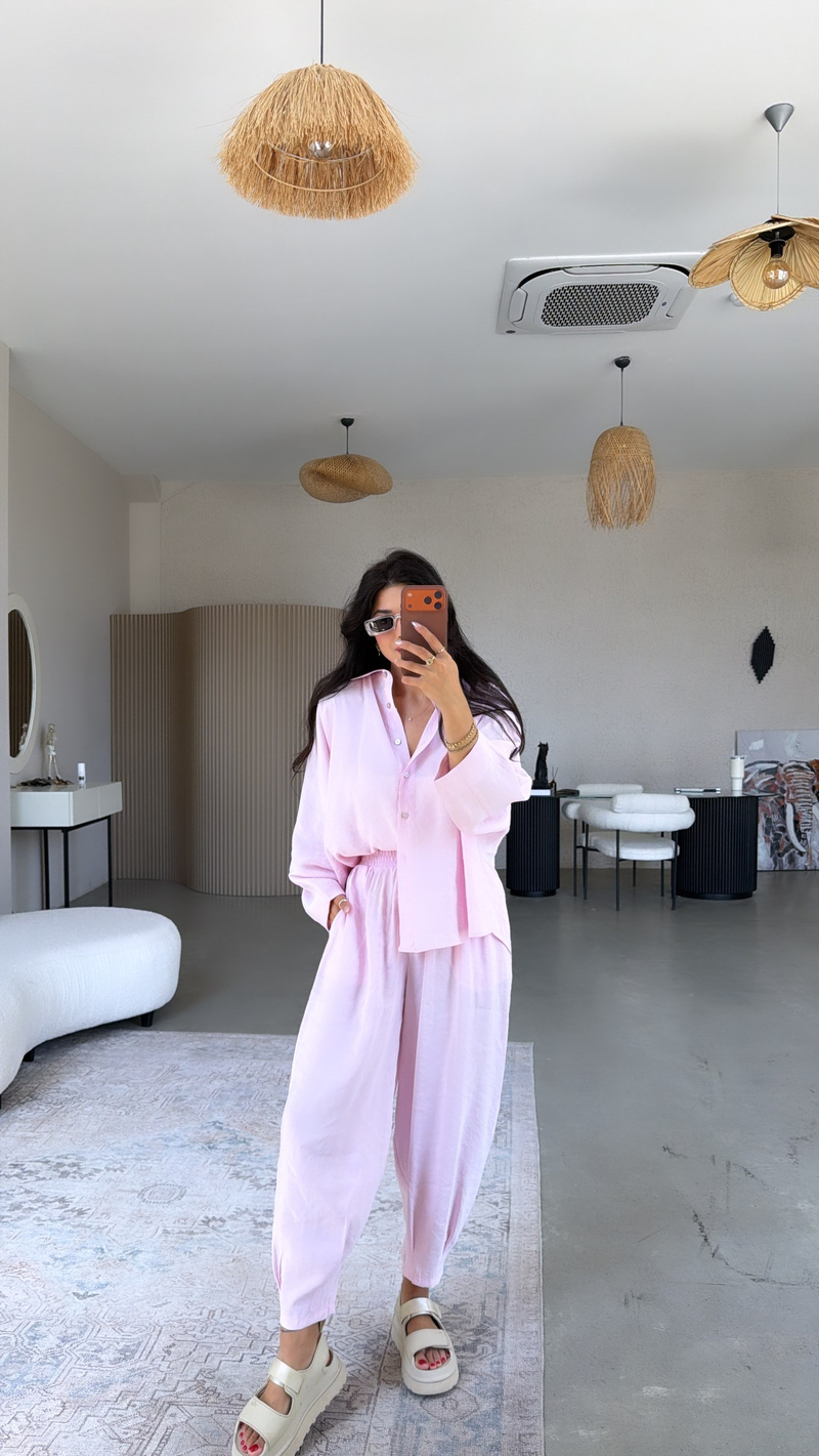 Pembe Baggy Pantolon Gömlek Tensel Takım
