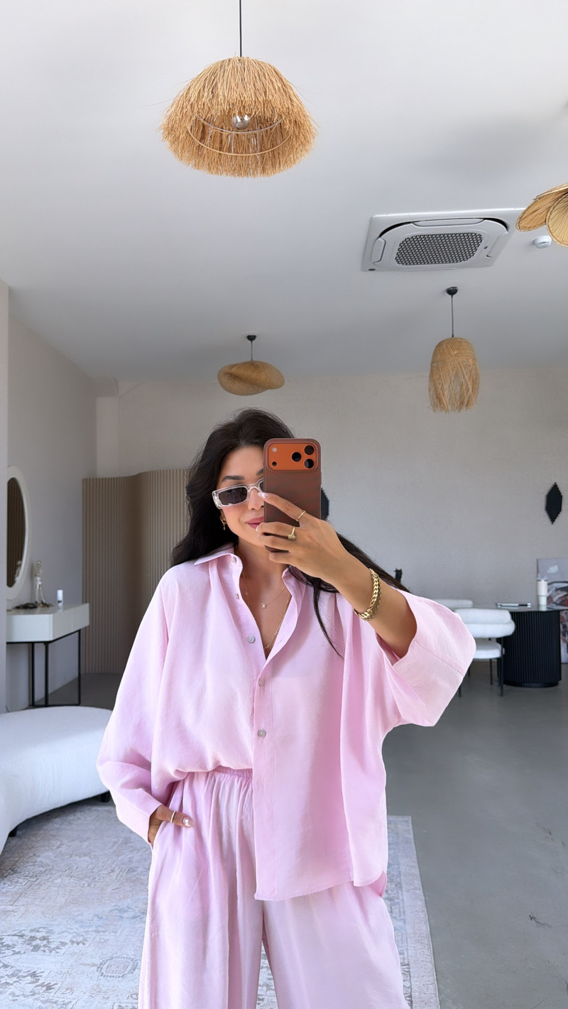 Pembe Baggy Pantolon Gömlek Tensel Takım