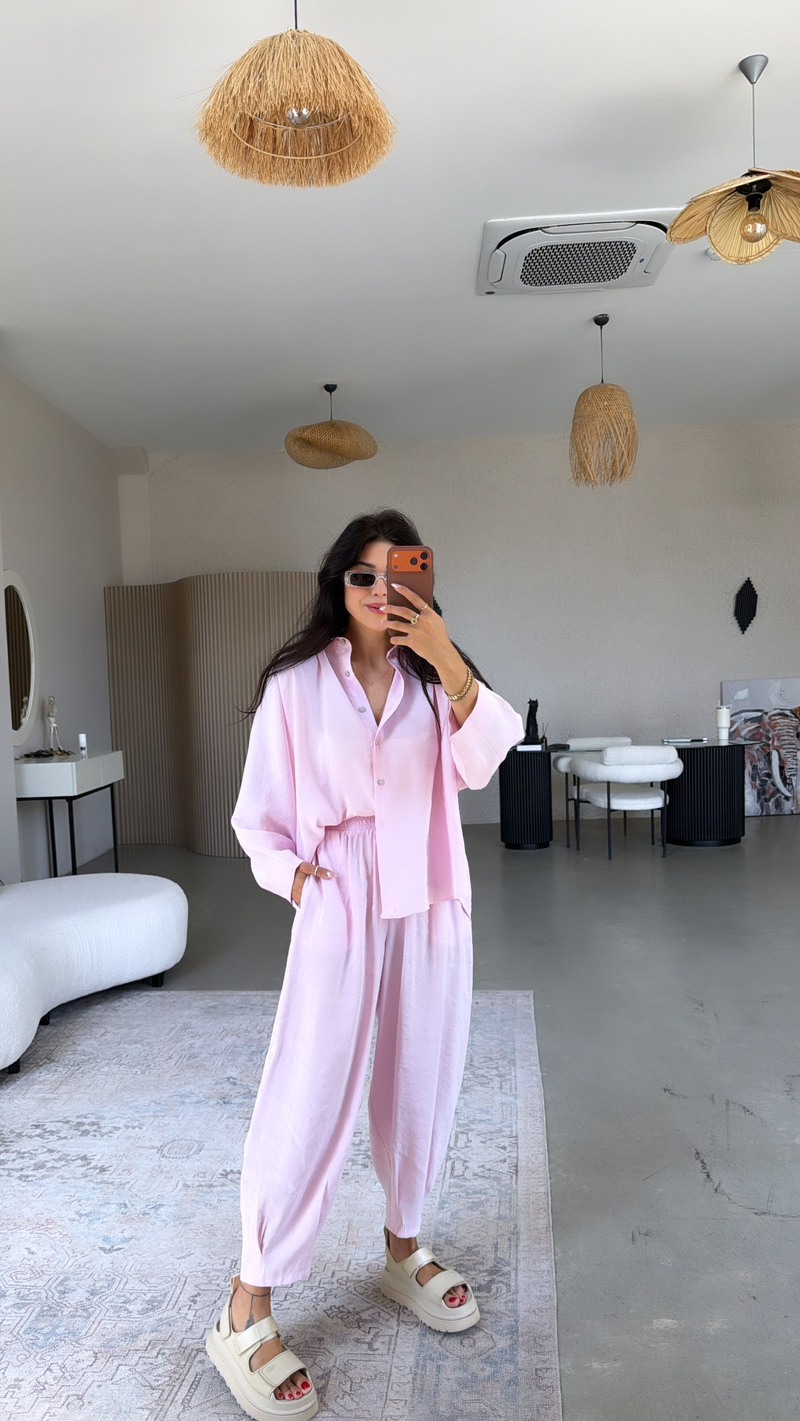 Pembe Baggy Pantolon Gömlek Tensel Takım