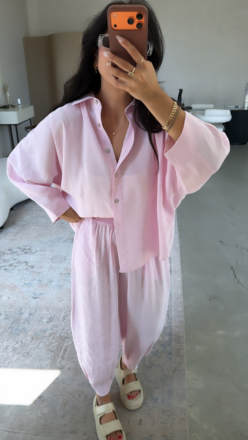 Pembe Baggy Pantolon Gömlek Tensel Takım