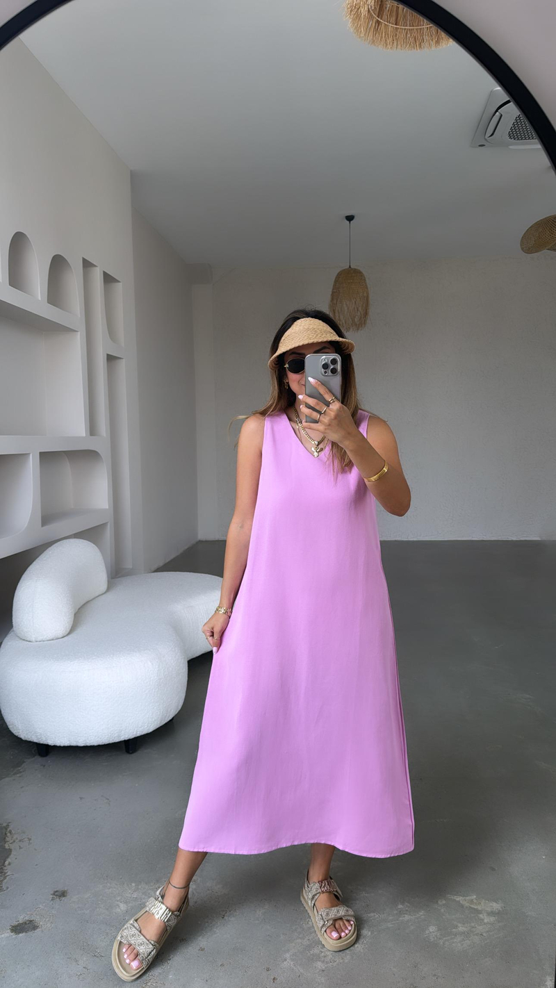 Pembe Basic V Yaka Keten Elbise