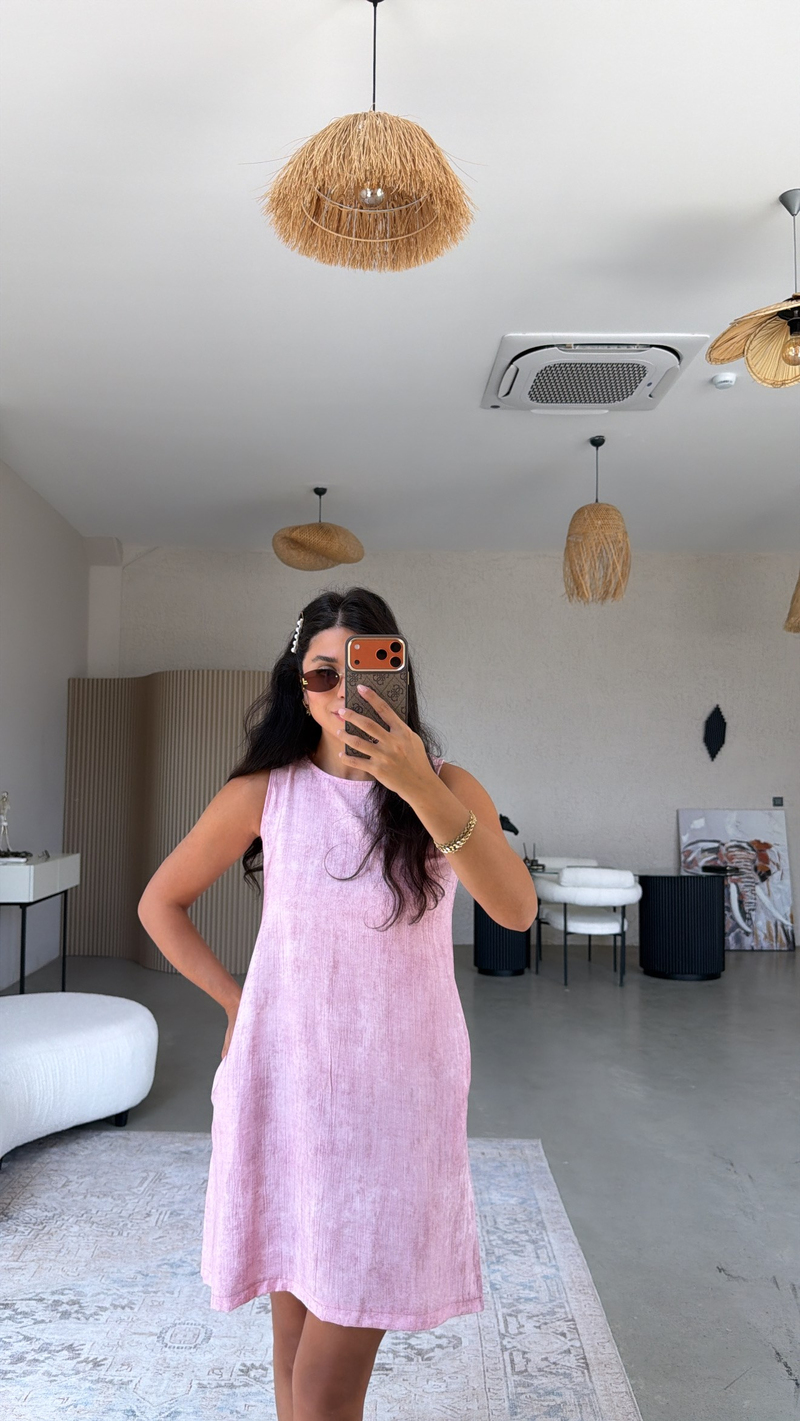 Pembe Basic Yıkamalı Kumaşlı Elbise