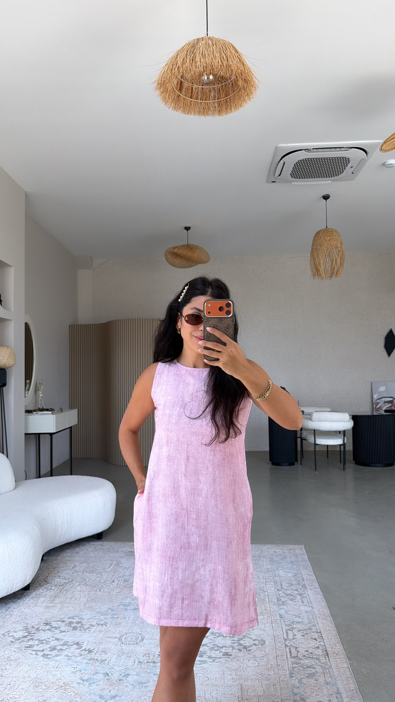 Pembe Basic Yıkamalı Kumaşlı Elbise