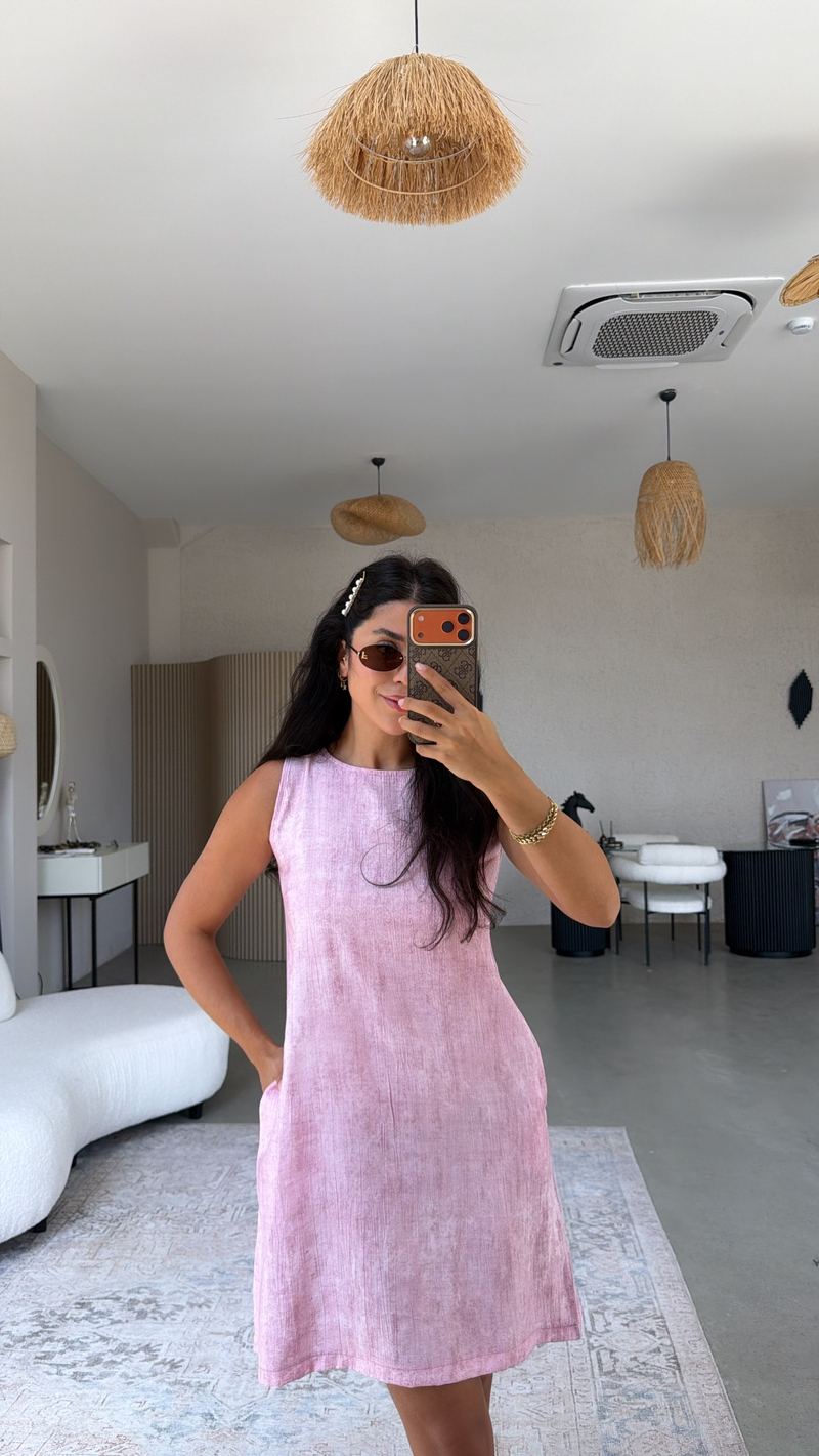 Pembe Basic Yıkamalı Kumaşlı Elbise