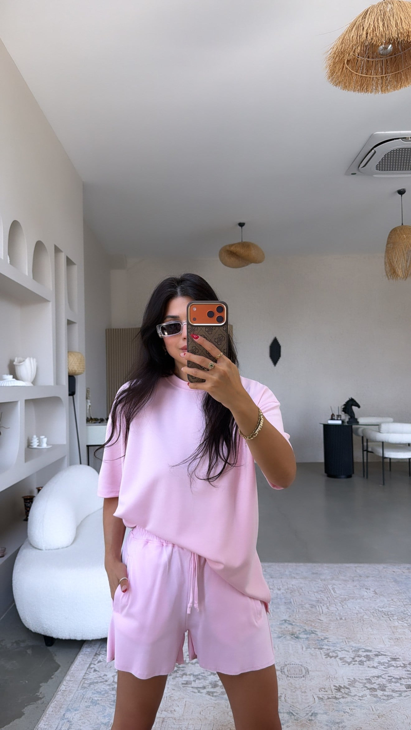 Pembe Beli Lastikli Pamuklu Şort