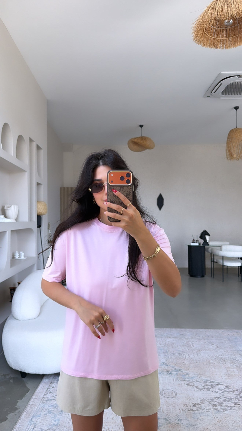 Pembe Bisiklet Yaka Viskon Tshirt