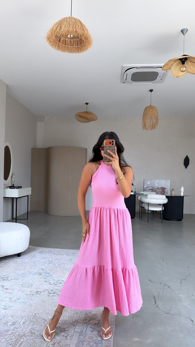 Pembe Bubble Halter Yaka Elbise