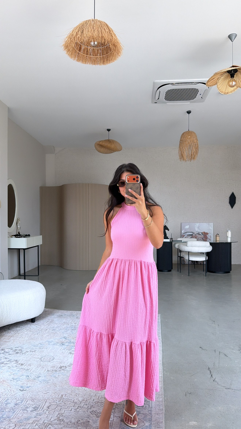 Pembe Bubble Halter Yaka Elbise