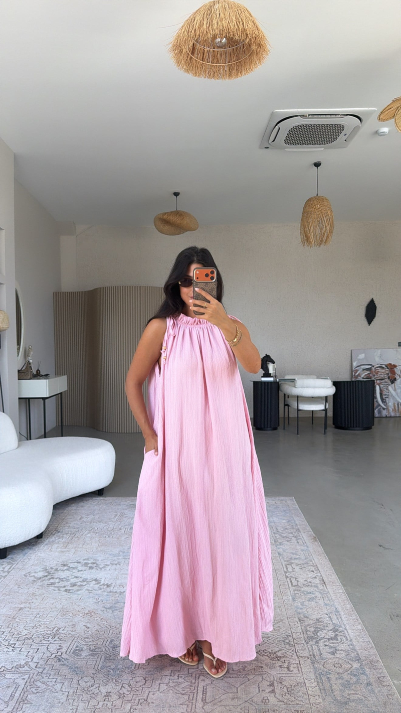 Pembe Bürümcük Kumaş Yaka Büzgülü Salaş Elbise