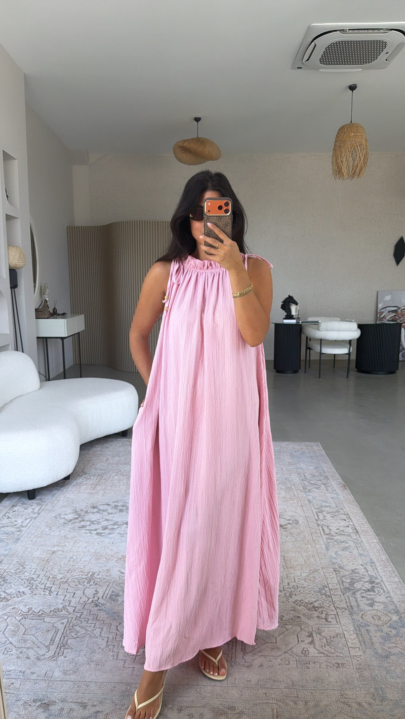 Pembe Bürümcük Kumaş Yaka Büzgülü Salaş Elbise