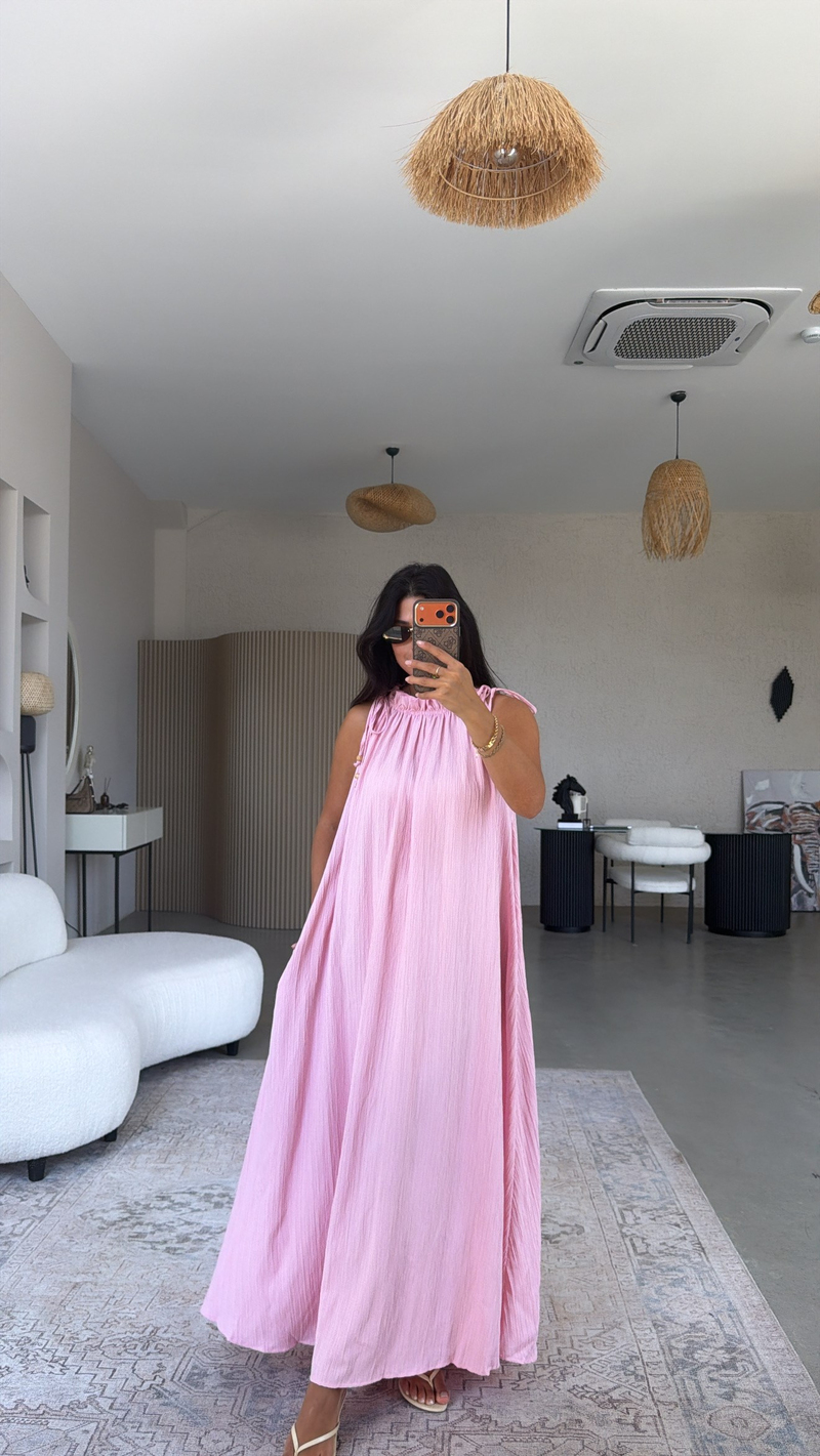 Pembe Bürümcük Kumaş Yaka Büzgülü Salaş Elbise