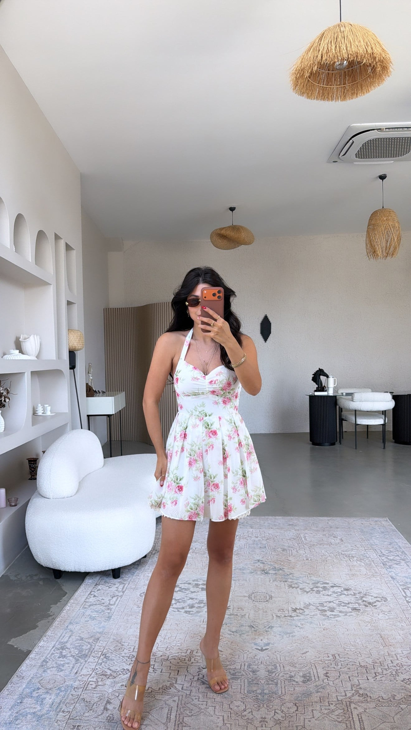 Pembe Çiçekli Boyundan Bağlamalı Şifon Mini Elbise