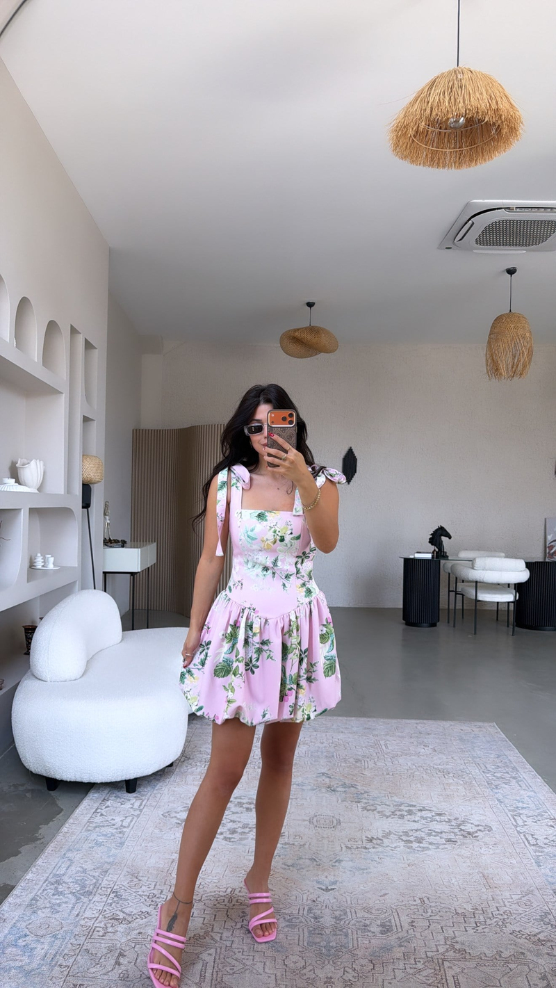 Pembe Çiçekli Krep Kumaş Beli Korseli Balon Elbise