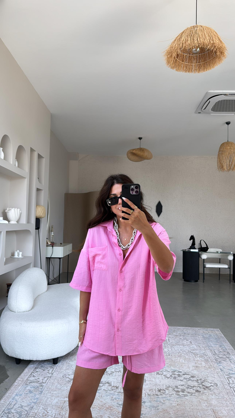 Pembe Çilek Kumaş Şort Gömlek Takım