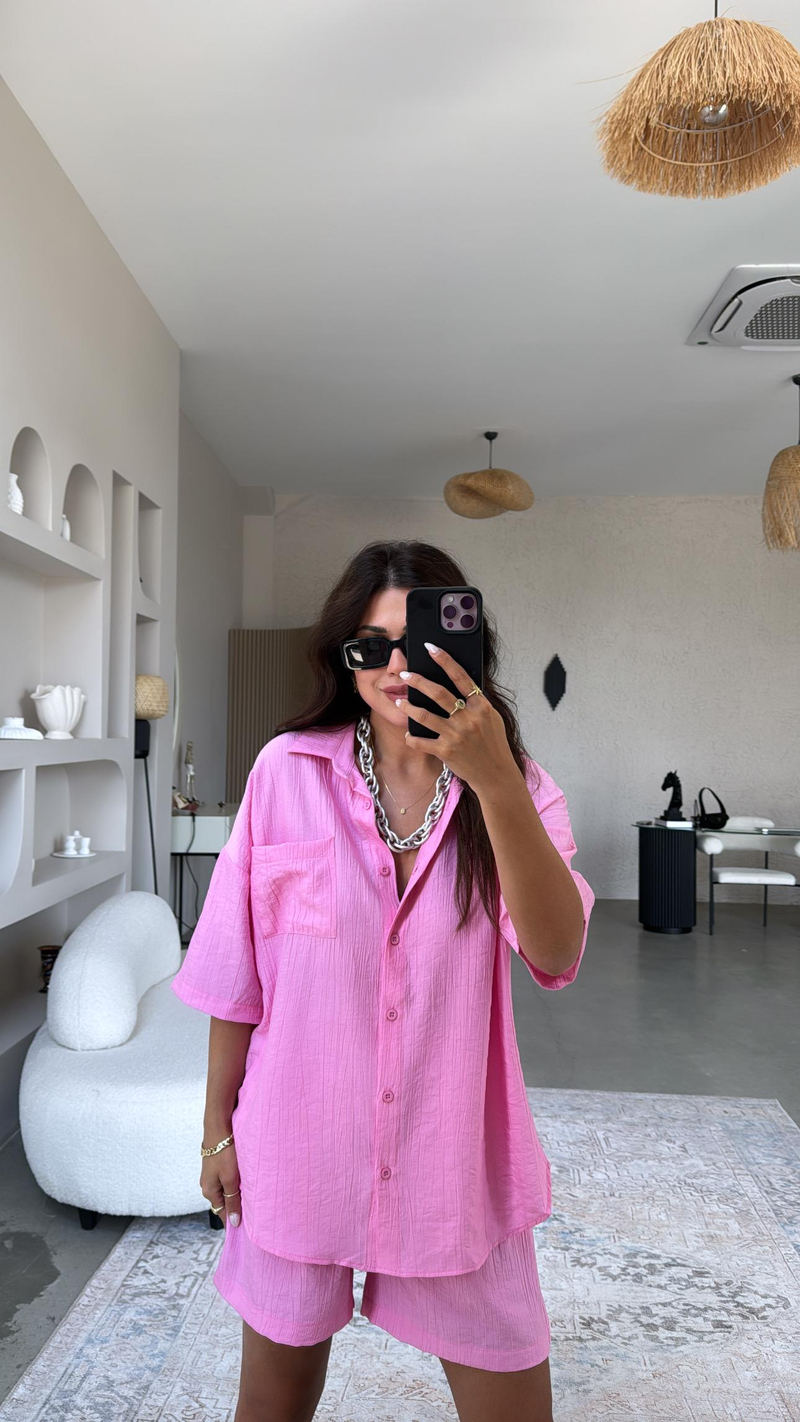 Pembe Çilek Kumaş Şort Gömlek Takım