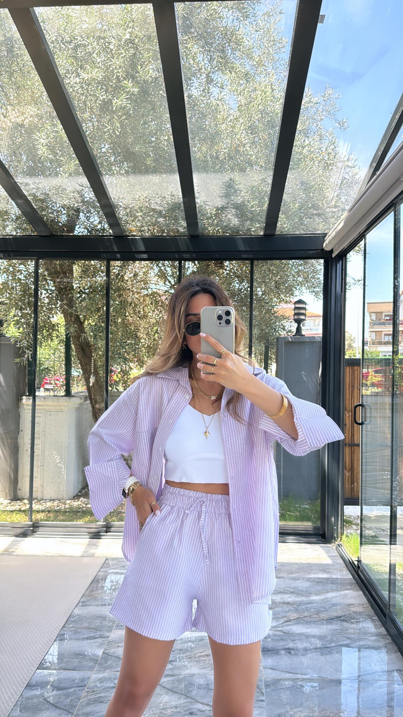 Pembe Çizgili Poplin Şortlu Takım