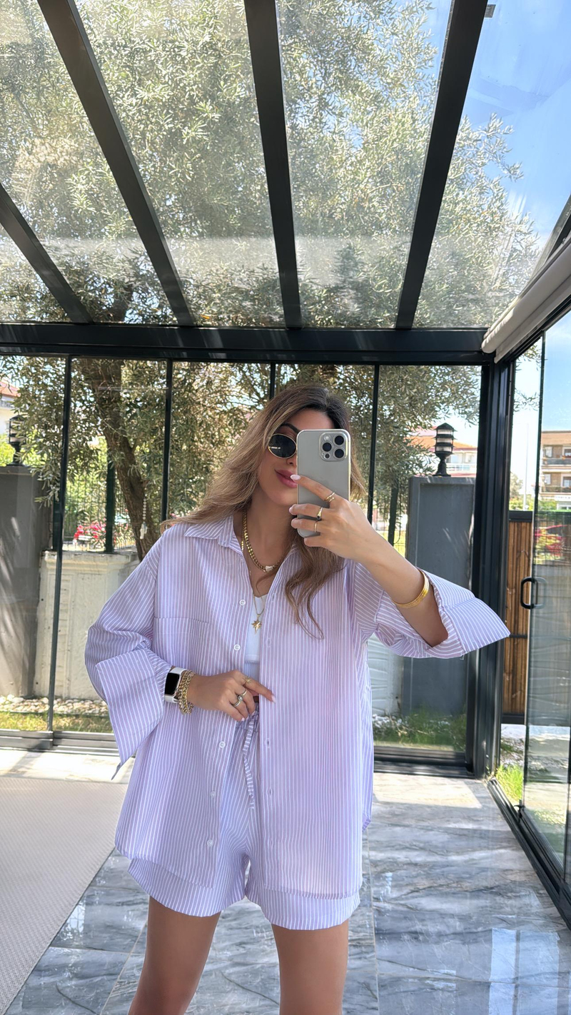 Pembe Çizgili Poplin Şortlu Takım