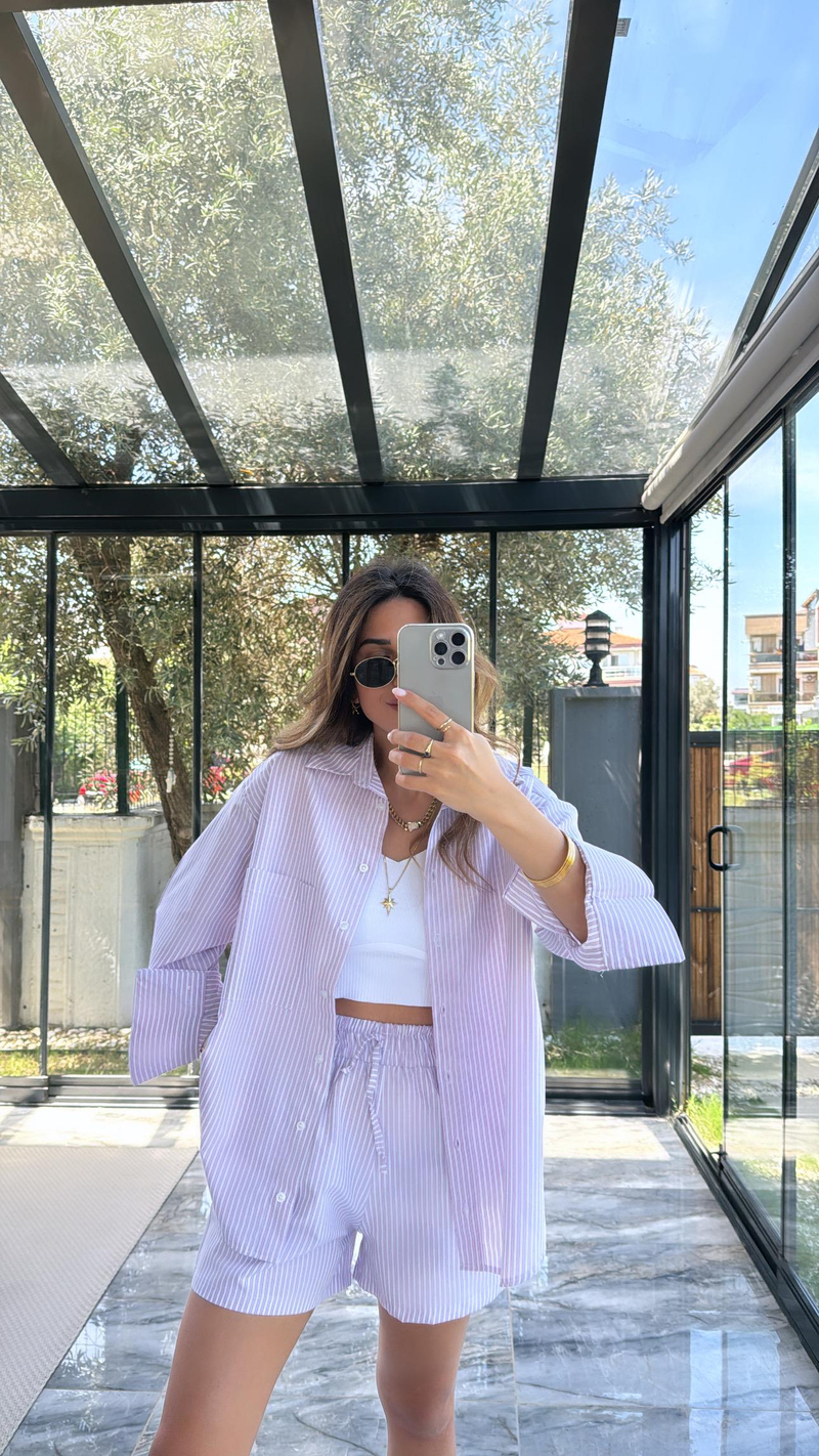 Pembe Çizgili Poplin Şortlu Takım