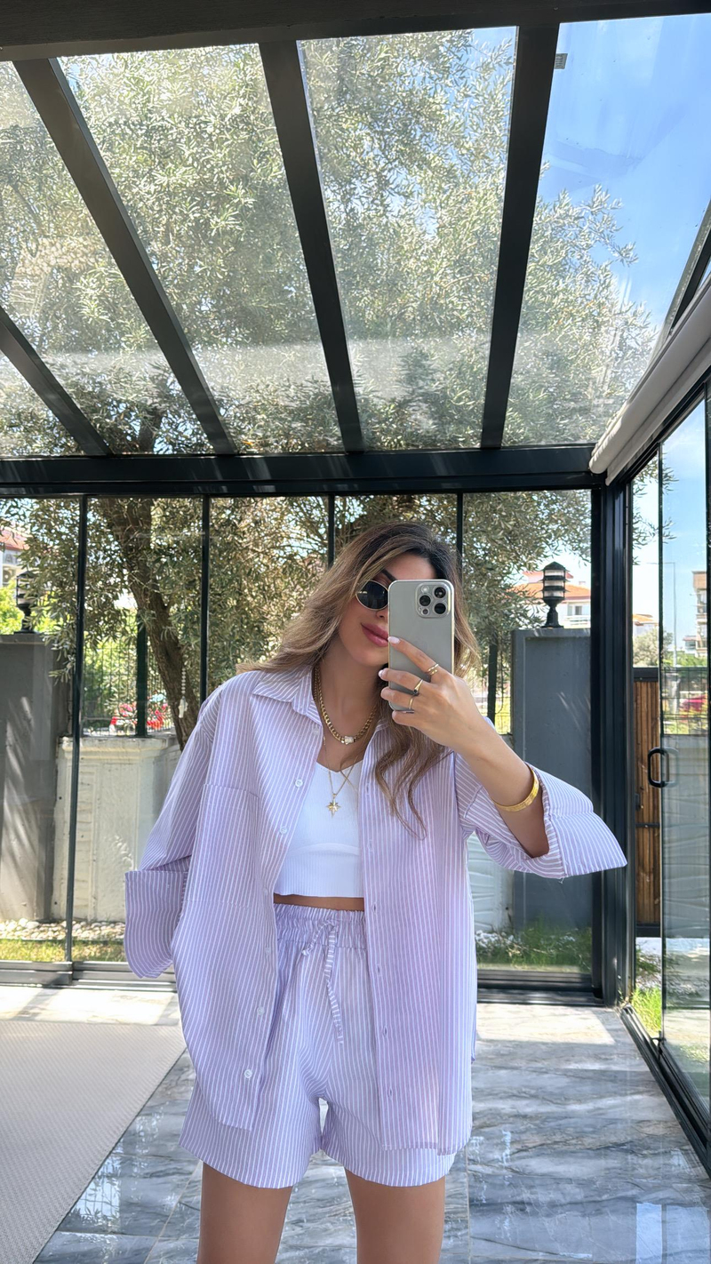 Pembe Çizgili Poplin Şortlu Takım