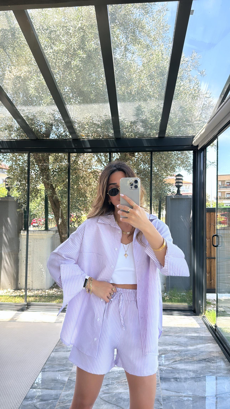 Pembe Çizgili Poplin Şortlu Takım