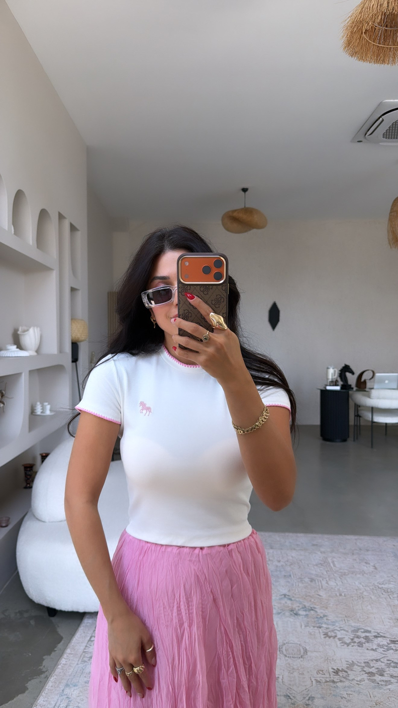 Pembe Dikiş Detaylı At Nakışlı Pamuk Tshirt