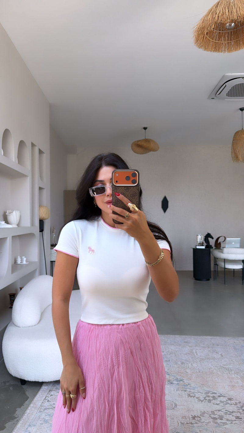 Pembe Dikiş Detaylı At Nakışlı Pamuk Tshirt
