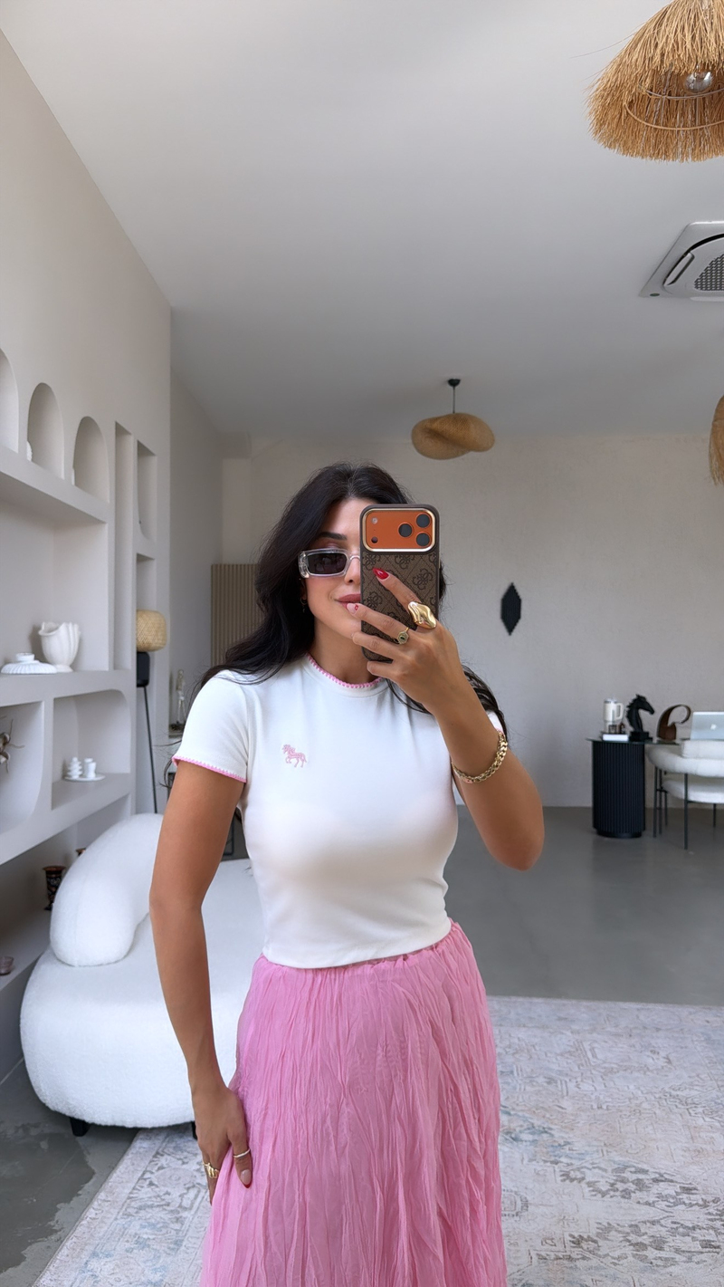 Pembe Dikiş Detaylı At Nakışlı Pamuk Tshirt