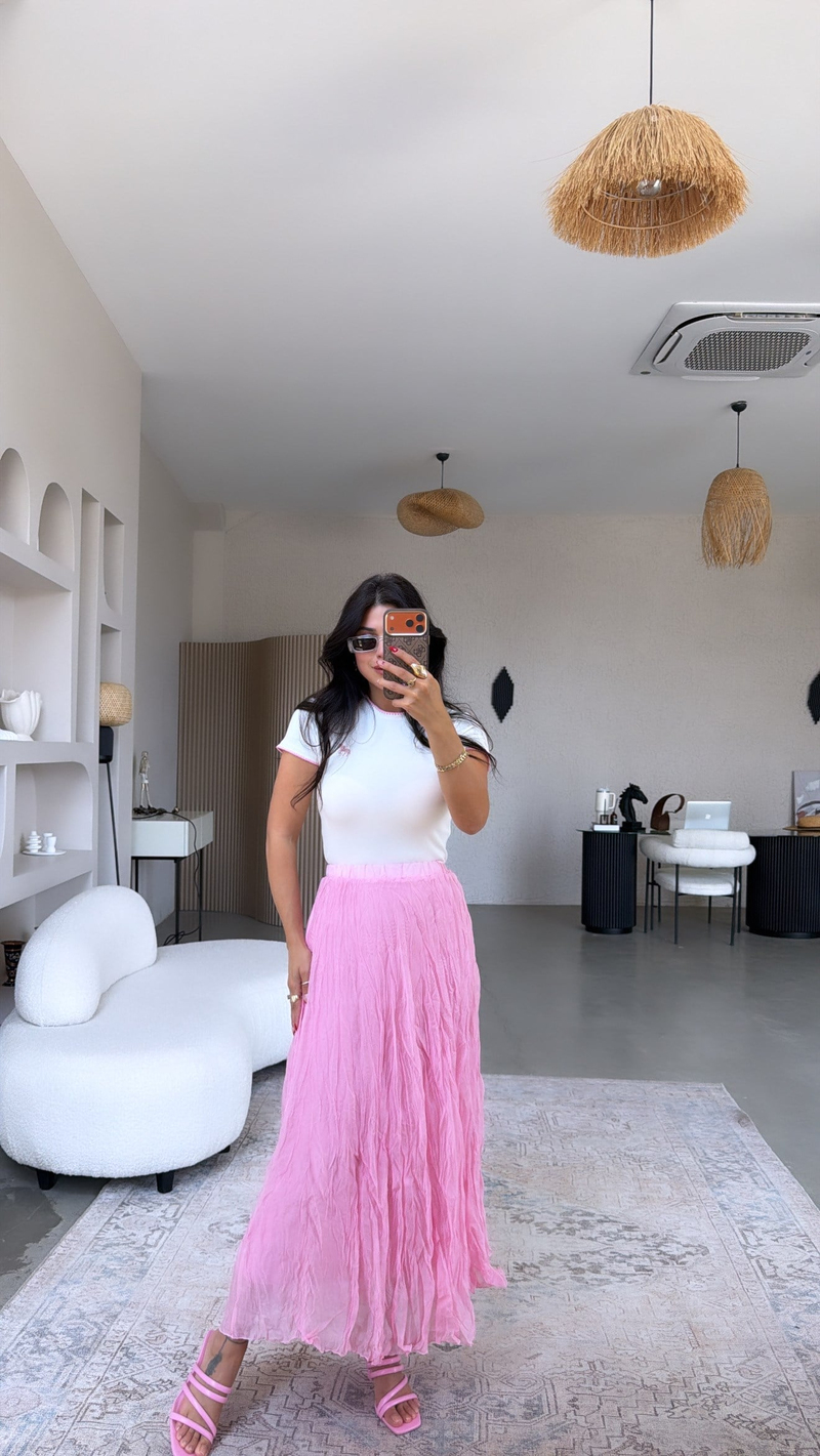 Pembe Dokuma Tensel Tam Boy Astarlı Kırışık Etek