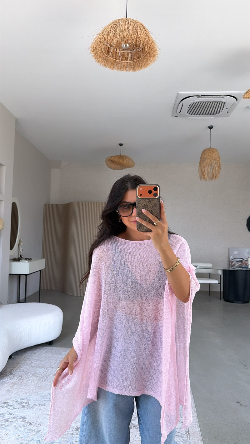 Pembe Düz İnce Triko Panço
