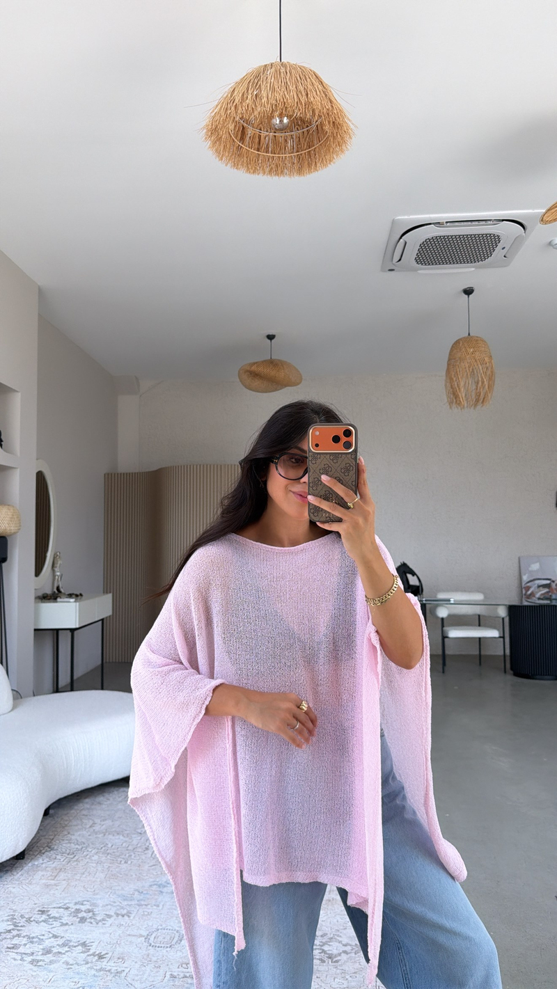 Pembe Düz İnce Triko Panço