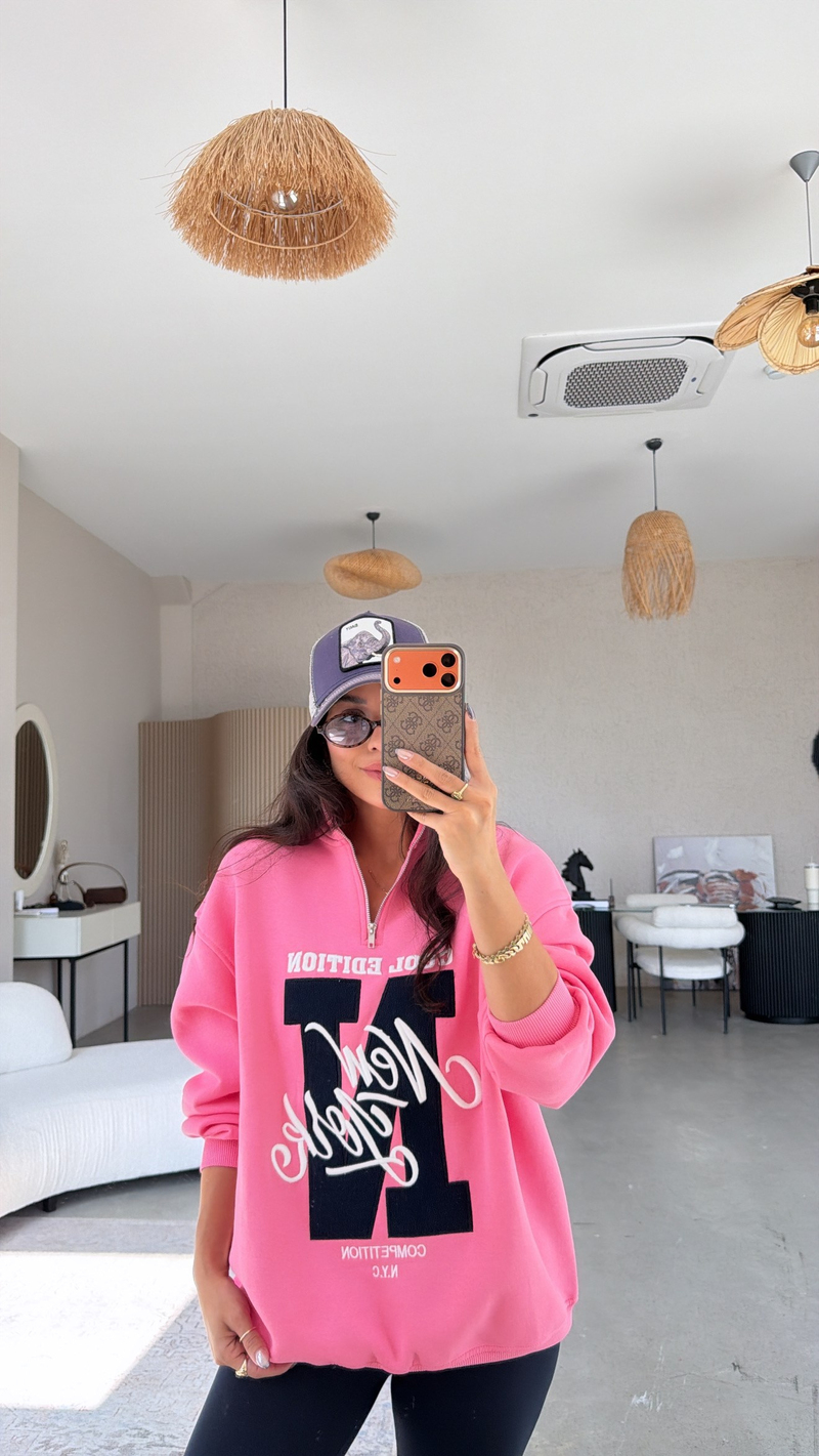 Pembe Fermuarlı Şardonlu New York Sweatshirt
