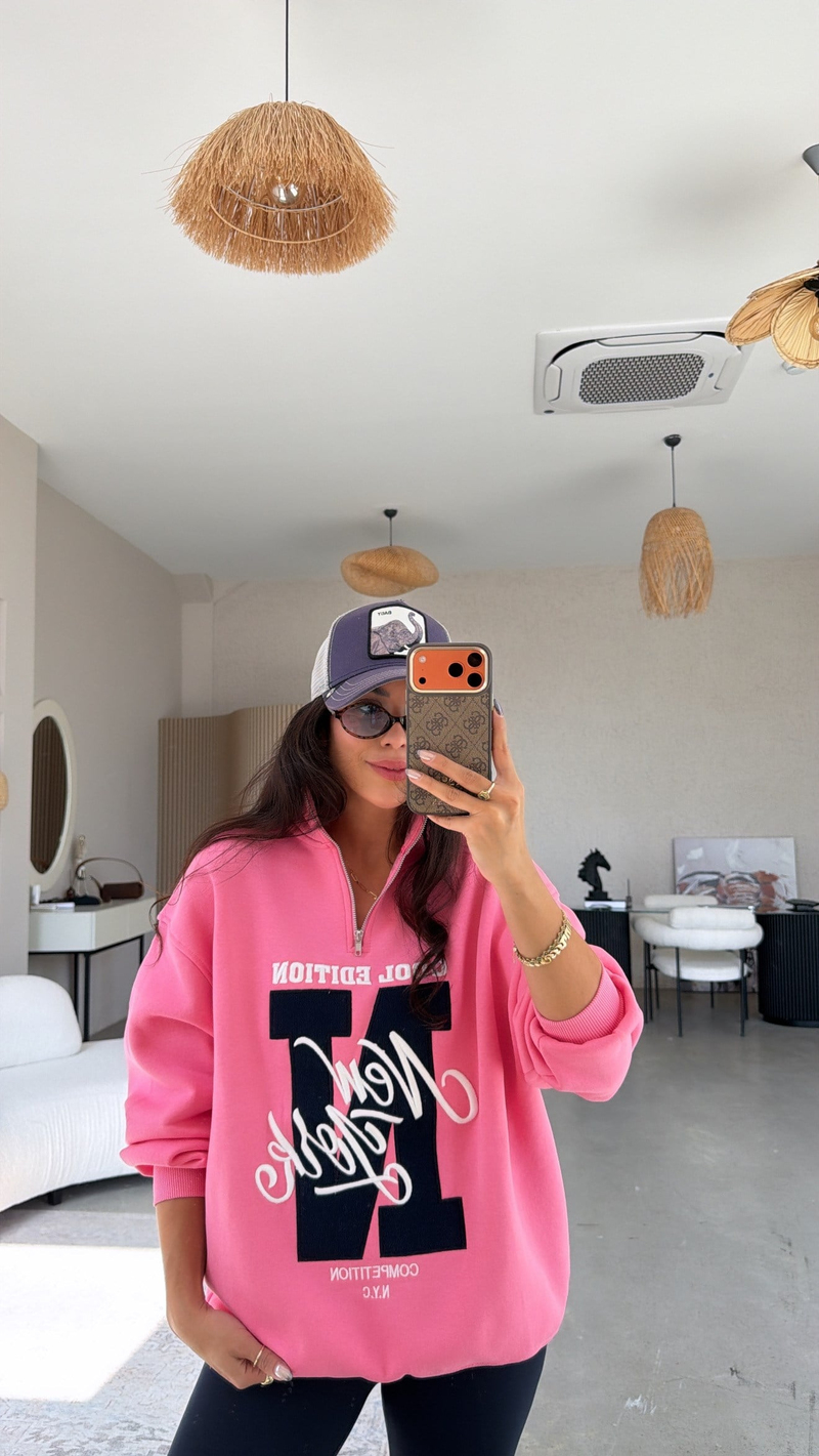 Pembe Fermuarlı Şardonlu New York Sweatshirt