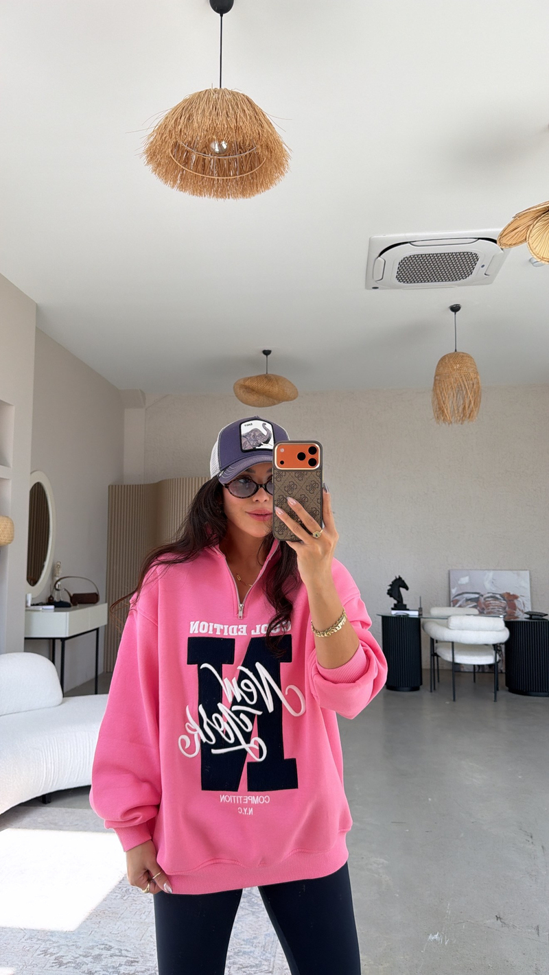 Pembe Fermuarlı Şardonlu New York Sweatshirt