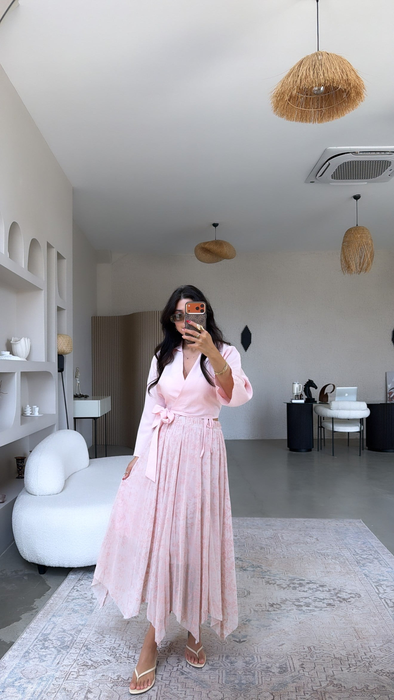 Pembe Flok Baskılı Beli Lastikli Etek