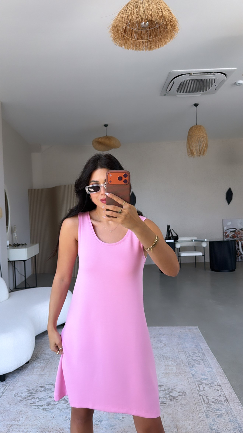 Pembe Kalın Askılı Basic Modal Elbise