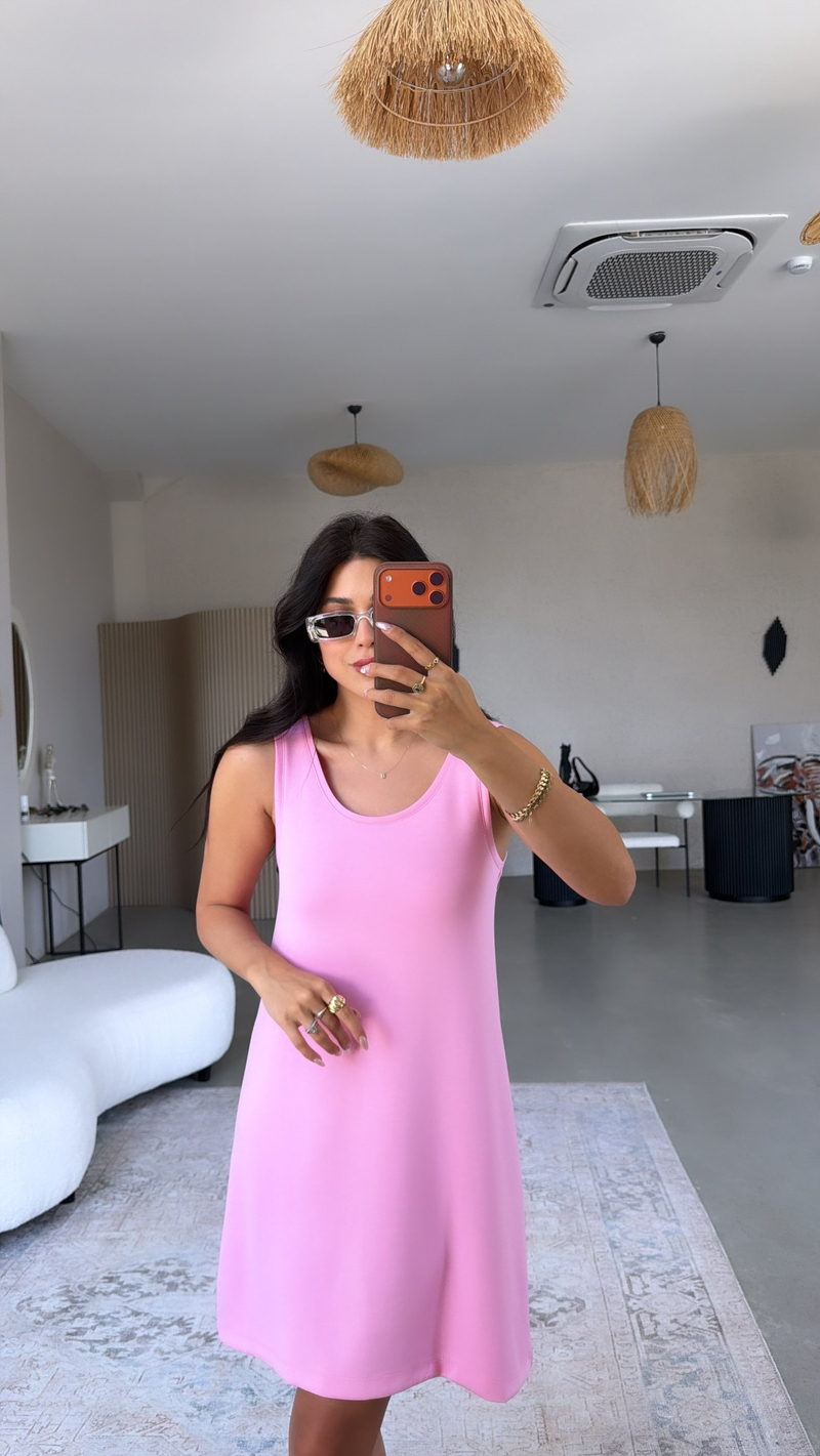 Pembe Kalın Askılı Basic Modal Elbise