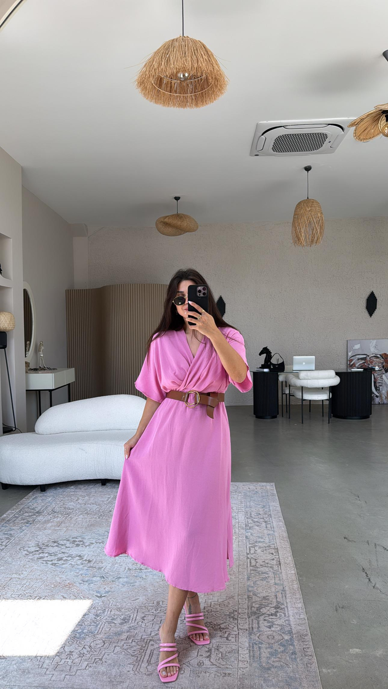Pembe Keten Kemerli Kruvaze Elbise