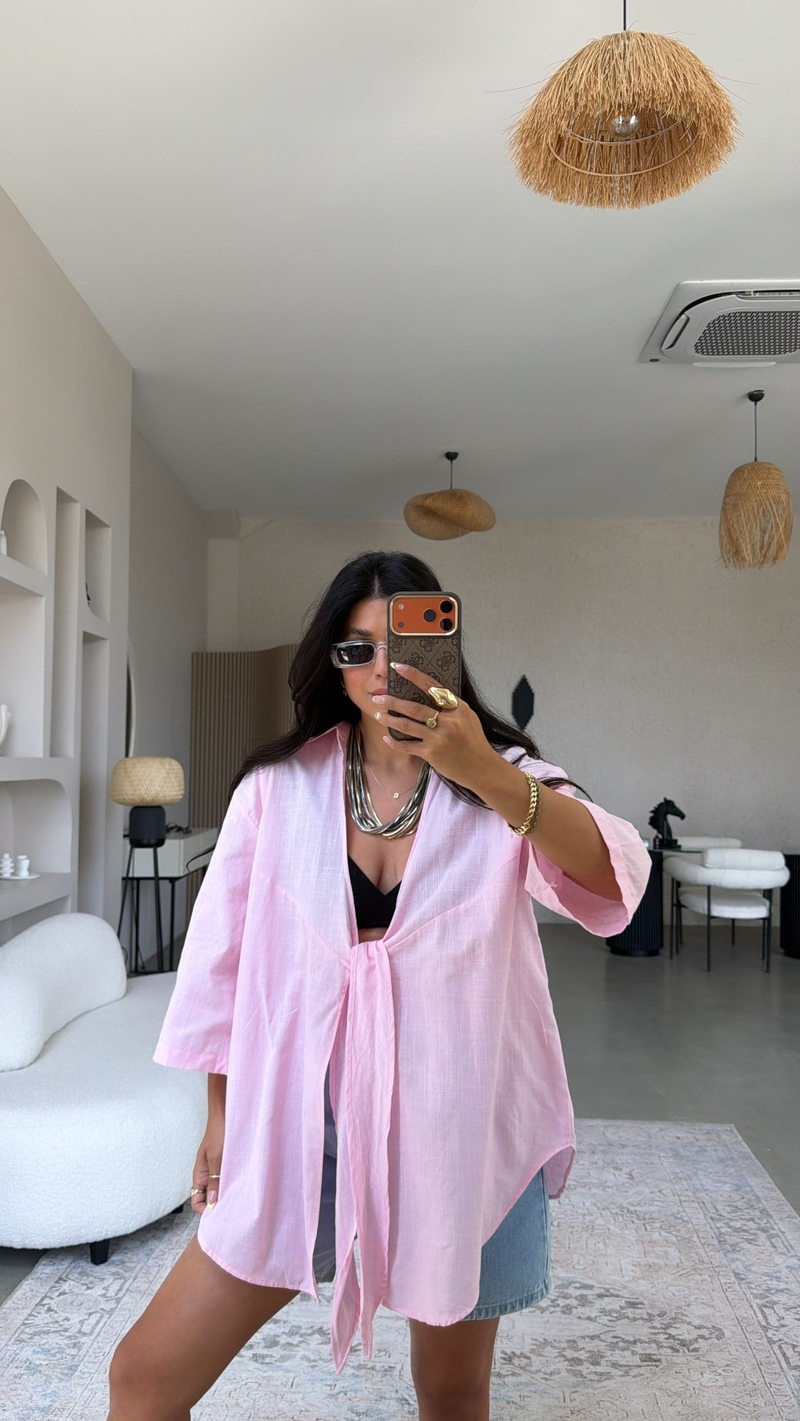 Pembe Keten Önden Bağlamalı Pareo Gömlek