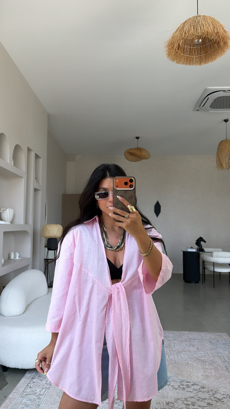 Pembe Keten Önden Bağlamalı Pareo Gömlek